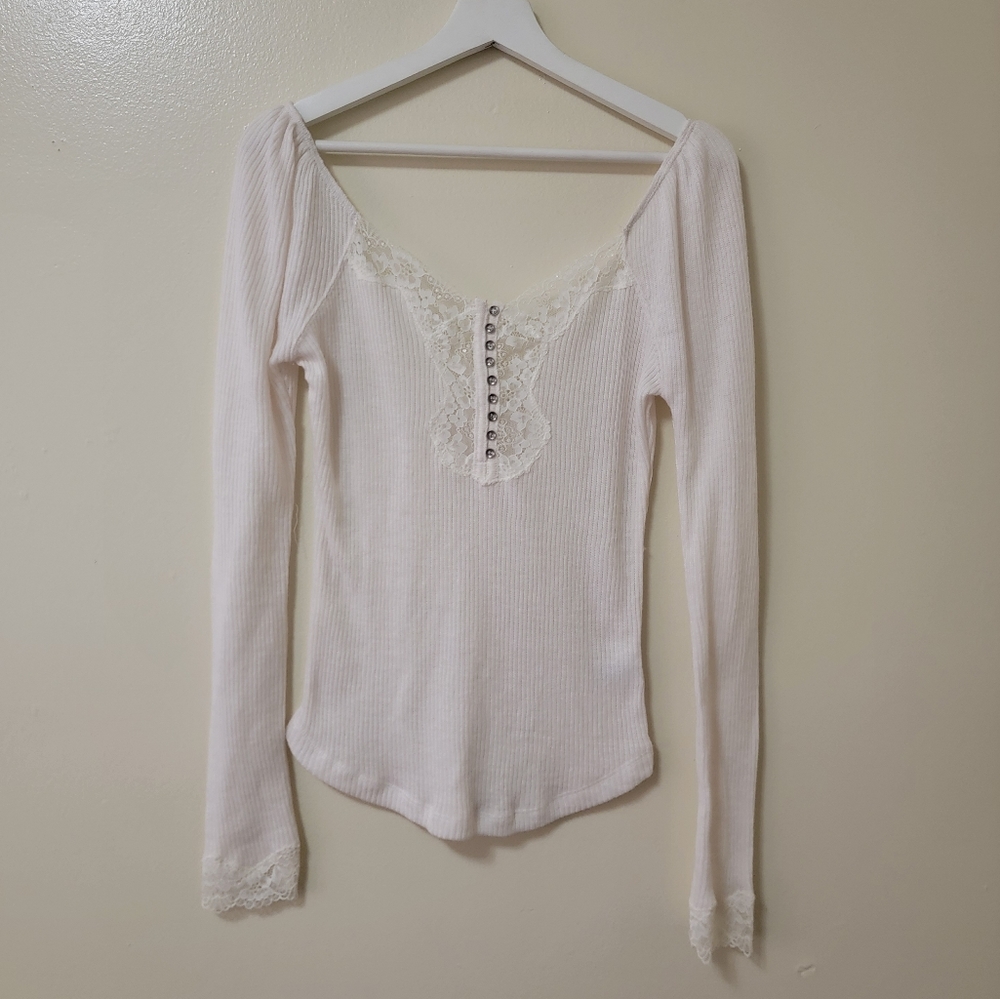 Vici Isn’t It Romantic Lace Henley Ribbed Knit Top